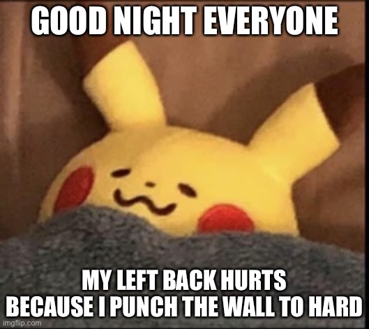 Pikachu sleep | GOOD NIGHT EVERYONE; MY LEFT BACK HURTS BECAUSE I PUNCH THE WALL TO HARD | image tagged in pikachu sleep | made w/ Imgflip meme maker