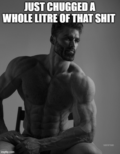 Giga Chad | JUST CHUGGED A WHOLE LITRE OF THAT SHIT | image tagged in giga chad | made w/ Imgflip meme maker