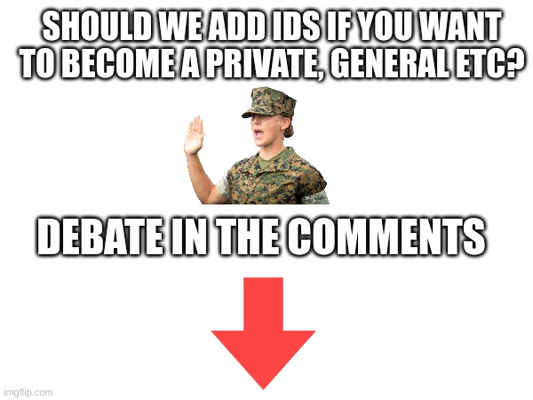 Should we? | SHOULD WE ADD IDS IF YOU WANT TO BECOME A PRIVATE, GENERAL ETC? DEBATE IN THE COMMENTS | image tagged in memes | made w/ Imgflip meme maker
