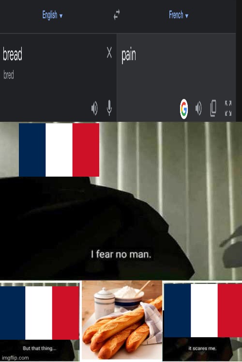 get zat pain away from me! | image tagged in i fear no man,bread,france,french,google translate,funny | made w/ Imgflip meme maker