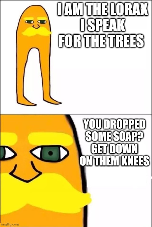 The Lorax | I AM THE LORAX
I SPEAK FOR THE TREES YOU DROPPED SOME SOAP?
GET DOWN ON THEM KNEES | image tagged in the lorax | made w/ Imgflip meme maker