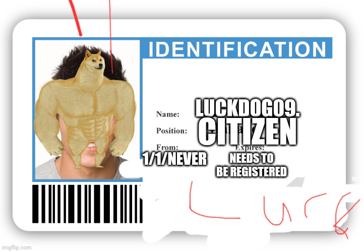 I need a id | LUCKDOG09. CITIZEN; 1/1/NEVER; NEEDS TO BE REGISTERED | image tagged in imgflip fake id,cuz why not | made w/ Imgflip meme maker