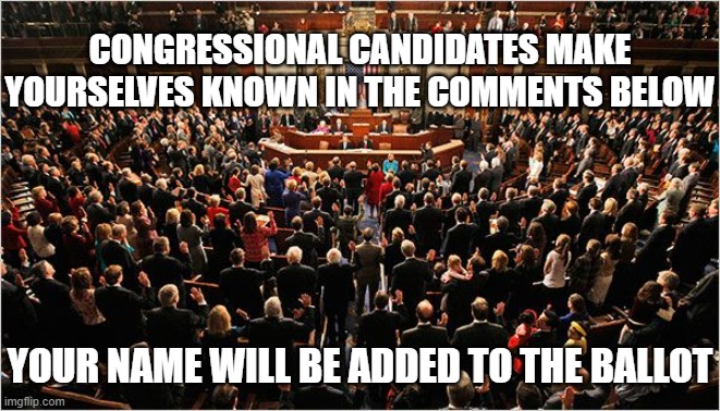 Anyone running for congress state your candidacy in the comments | CONGRESSIONAL CANDIDATES MAKE YOURSELVES KNOWN IN THE COMMENTS BELOW; YOUR NAME WILL BE ADDED TO THE BALLOT | image tagged in congress | made w/ Imgflip meme maker