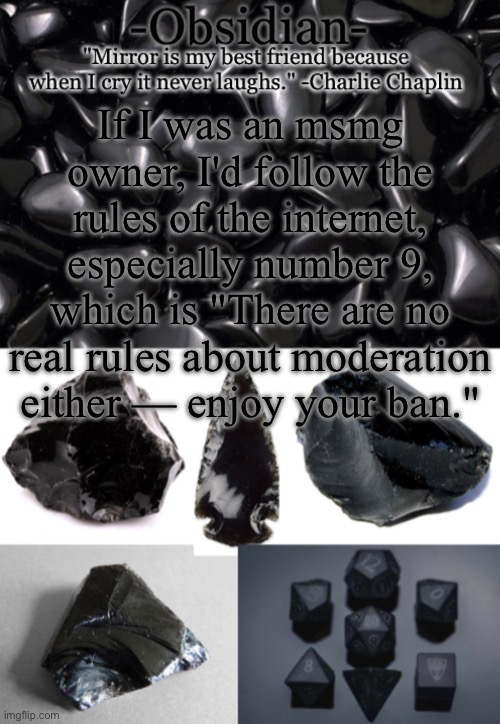 Obsidian | If I was an msmg owner, I'd follow the rules of the internet, especially number 9, which is "There are no real rules about moderation either — enjoy your ban." | image tagged in obsidian | made w/ Imgflip meme maker