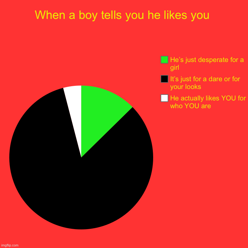 Am I right | When a boy tells you he likes you | He actually likes YOU for who YOU are , It’s just for a dare or for your looks, He’s just desperate for  | image tagged in charts,pie charts | made w/ Imgflip chart maker