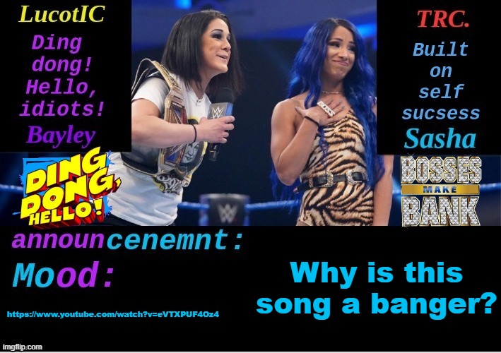 https://www.youtube.com/watch?v=eVTXPUF4Oz4 | Why is this song a banger? https://www.youtube.com/watch?v=eVTXPUF4Oz4 | image tagged in lucotic and trc boss 'n' hug connection duo announcement temp | made w/ Imgflip meme maker