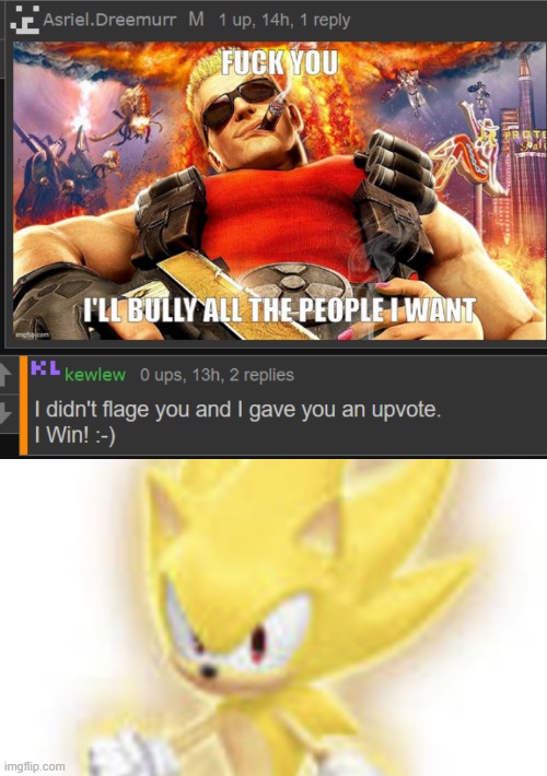 imagine unironically saying "I win" | image tagged in low quality super sonic | made w/ Imgflip meme maker