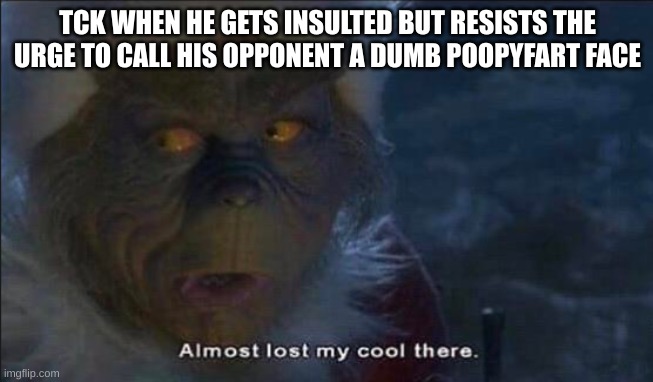 Just wannted to use this template | TCK WHEN HE GETS INSULTED BUT RESISTS THE URGE TO CALL HIS OPPONENT A DUMB POOPYFART FACE | image tagged in almost lost my cool there | made w/ Imgflip meme maker