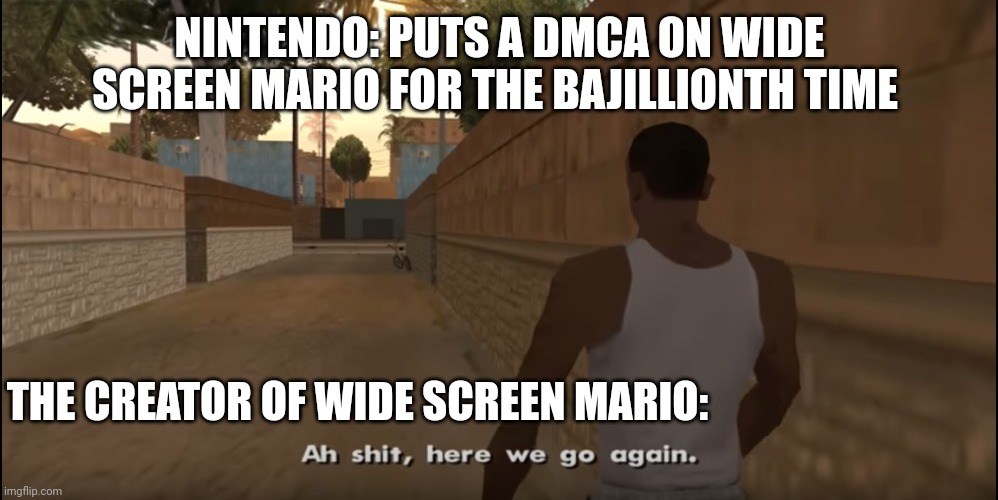 Aw shit here we go again | NINTENDO: PUTS A DMCA ON WIDE SCREEN MARIO FOR THE BAJILLIONTH TIME; THE CREATOR OF WIDE SCREEN MARIO: | image tagged in aw shit here we go again | made w/ Imgflip meme maker