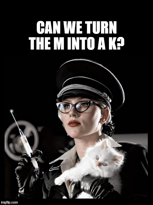  Scarlett Johansson, Silkin Floss, The Spirit, "We can make you  | CAN WE TURN THE M INTO A K? | image tagged in scarlett johansson silkin floss the spirit we can make you | made w/ Imgflip meme maker