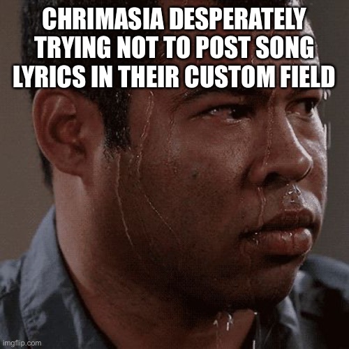 Sweaty tryhard | CHRIMASIA DESPERATELY TRYING NOT TO POST SONG LYRICS IN THEIR CUSTOM FIELD | image tagged in sweaty tryhard | made w/ Imgflip meme maker