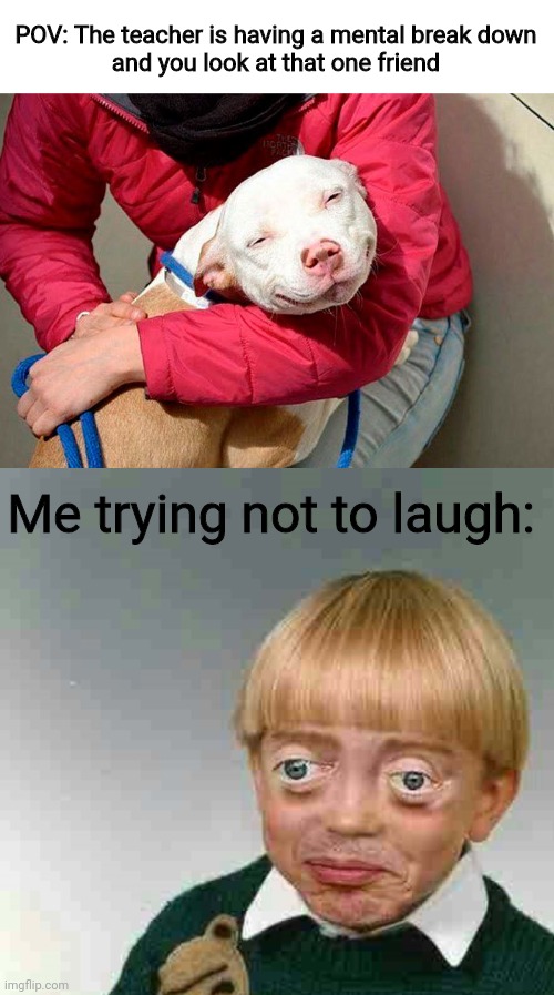 POV: The teacher is having a mental break down
and you look at that one friend; Me trying not to laugh: | image tagged in smiling dog,trying not to laugh kid | made w/ Imgflip meme maker