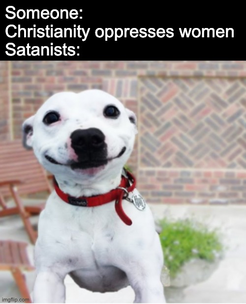 Please look this up for context, they actually abuse women for rituals. | Someone: Christianity oppresses women
Satanists: | image tagged in act natural dog | made w/ Imgflip meme maker