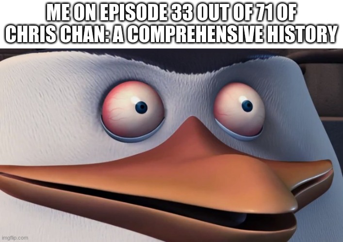 Chris Chan: A Comprehensive History | ME ON EPISODE 33 OUT OF 71 OF CHRIS CHAN: A COMPREHENSIVE HISTORY | image tagged in penguins of madagascar skipper red eyes | made w/ Imgflip meme maker