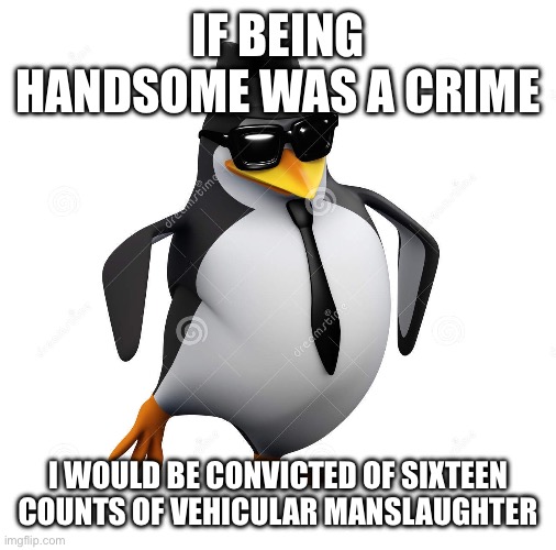 I’m so cool | IF BEING HANDSOME WAS A CRIME; I WOULD BE CONVICTED OF SIXTEEN COUNTS OF VEHICULAR MANSLAUGHTER | image tagged in 3d cool penguin | made w/ Imgflip meme maker
