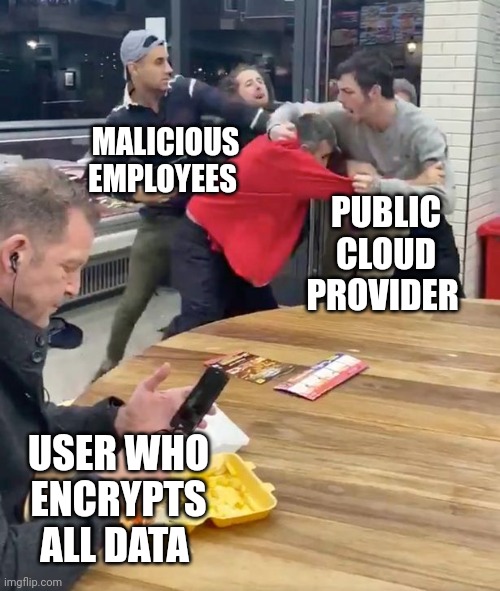 Encrypt your data before uploading to the cloud | MALICIOUS EMPLOYEES; PUBLIC CLOUD PROVIDER; USER WHO ENCRYPTS ALL DATA | image tagged in fighting | made w/ Imgflip meme maker
