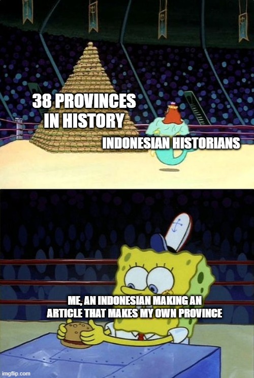 Who's that an Indonesian province in history? | 38 PROVINCES IN HISTORY; INDONESIAN HISTORIANS; ME, AN INDONESIAN MAKING AN ARTICLE THAT MAKES MY OWN PROVINCE | image tagged in spongebob burger,memes | made w/ Imgflip meme maker