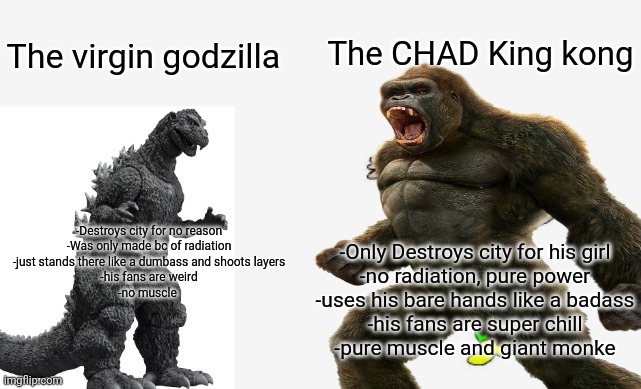 The CHAD King kong; The virgin godzilla; -Destroys city for no reason
-Was only made bc of radiation
-just stands there like a dumbass and shoots layers
-his fans are weird
-no muscle; -Only Destroys city for his girl
-no radiation, pure power
-uses his bare hands like a badass
-his fans are super chill
-pure muscle and giant monke | made w/ Imgflip meme maker