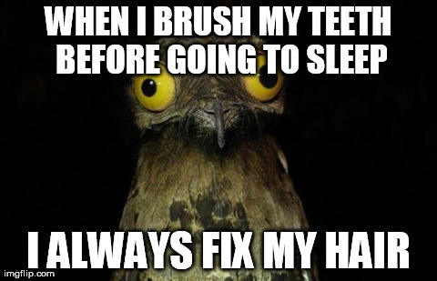 Weird Stuff I Do Potoo | WHEN I BRUSH MY TEETH BEFORE GOING TO SLEEP I ALWAYS FIX MY HAIR | image tagged in memes,weird stuff i do potoo | made w/ Imgflip meme maker