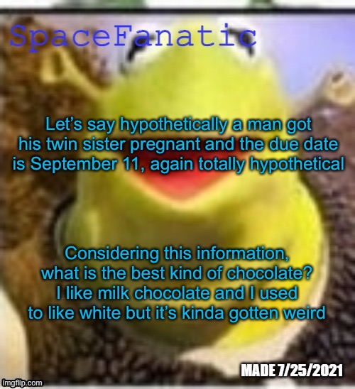 Ye Olde Announcements | Let’s say hypothetically a man got his twin sister pregnant and the due date is September 11, again totally hypothetical; Considering this information, what is the best kind of chocolate? I like milk chocolate and I used to like white but it’s kinda gotten weird | image tagged in spacefanatic announcement temp | made w/ Imgflip meme maker