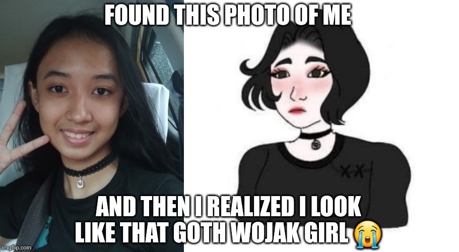 I mean, if I cut my hair I would look exactly like her | FOUND THIS PHOTO OF ME; AND THEN I REALIZED I LOOK LIKE THAT GOTH WOJAK GIRL 😭 | image tagged in wojak girls vs boys | made w/ Imgflip meme maker