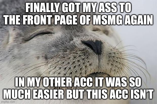 Satisfied Seal | FINALLY GOT MY ASS TO THE FRONT PAGE OF MSMG AGAIN; IN MY OTHER ACC IT WAS SO MUCH EASIER BUT THIS ACC ISN’T | image tagged in memes,satisfied seal | made w/ Imgflip meme maker