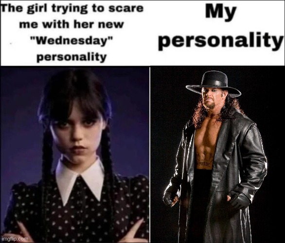 The girl trying to scare me with her new Wednesday personality | image tagged in the girl trying to scare me with her new wednesday personality | made w/ Imgflip meme maker