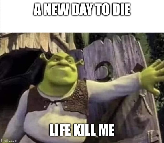Shrek opens the door | A NEW DAY TO DIE; LIFE KILL ME | image tagged in shrek opens the door | made w/ Imgflip meme maker