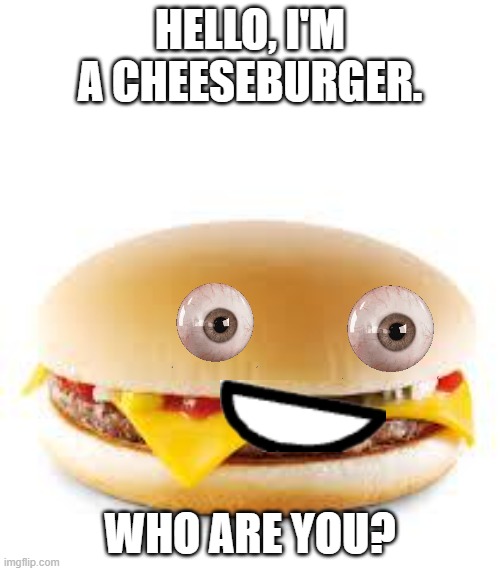 the hamburger is alive! | HELLO, I'M A CHEESEBURGER. WHO ARE YOU? | image tagged in cheeseburger | made w/ Imgflip meme maker