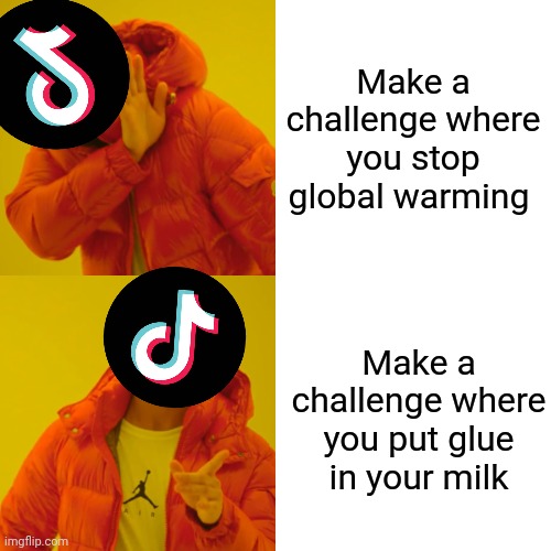 Fr | Make a challenge where you stop global warming; Make a challenge where you put glue in your milk | image tagged in memes,drake hotline bling | made w/ Imgflip meme maker