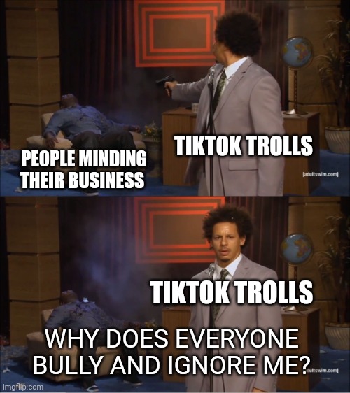 You literally attack other people, ofc you're gonna get bullied | TIKTOK TROLLS; PEOPLE MINDING THEIR BUSINESS; TIKTOK TROLLS; WHY DOES EVERYONE BULLY AND IGNORE ME? | image tagged in memes,who killed hannibal | made w/ Imgflip meme maker