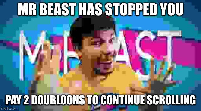 MR BEAST | MR BEAST HAS STOPPED YOU; PAY 2 DOUBLOONS TO CONTINUE SCROLLING | image tagged in mr beast,meme,shitpost | made w/ Imgflip meme maker