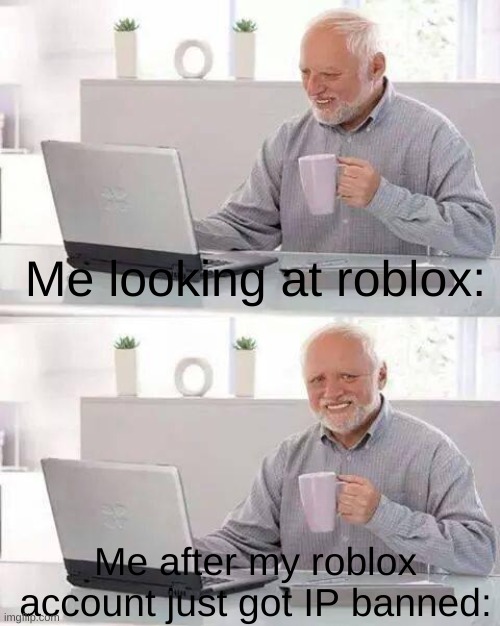 Sad story | Me looking at roblox:; Me after my roblox account just got IP banned: | image tagged in memes,hide the pain harold | made w/ Imgflip meme maker