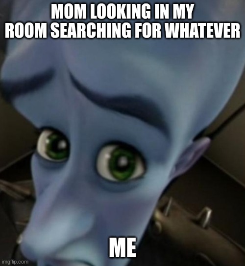 Megamind no bitches | MOM LOOKING IN MY ROOM SEARCHING FOR WHATEVER; ME | image tagged in megamind no bitches | made w/ Imgflip meme maker