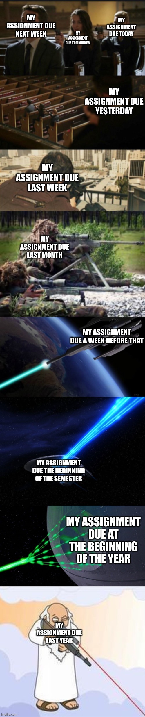 Assassination chain with too many assassins | MY ASSIGNMENT DUE TODAY; MY ASSIGNMENT DUE TOMMOROW; MY ASSIGNMENT DUE NEXT WEEK; MY ASSIGNMENT DUE YESTERDAY; MY ASSIGNMENT DUE LAST WEEK; MY ASSIGNMENT DUE LAST MONTH; MY ASSIGNMENT DUE A WEEK BEFORE THAT; MY ASSIGNMENT DUE THE BEGINNING OF THE SEMESTER; MY ASSIGNMENT DUE AT THE BEGINNING OF THE YEAR; MY ASSIGNMENT DUE LAST YEAR | image tagged in assassination chain with too many assassins | made w/ Imgflip meme maker