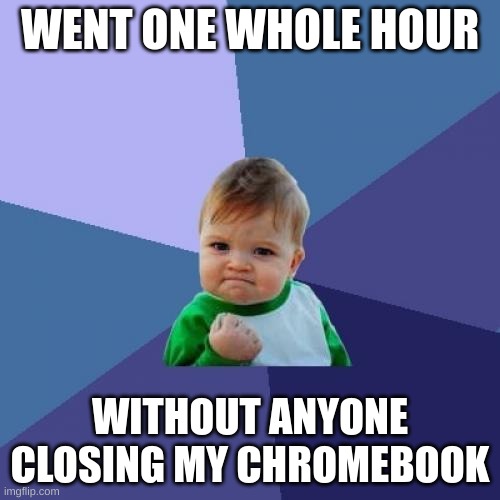 Success Kid | WENT ONE WHOLE HOUR; WITHOUT ANYONE CLOSING MY CHROMEBOOK | image tagged in memes,success kid | made w/ Imgflip meme maker