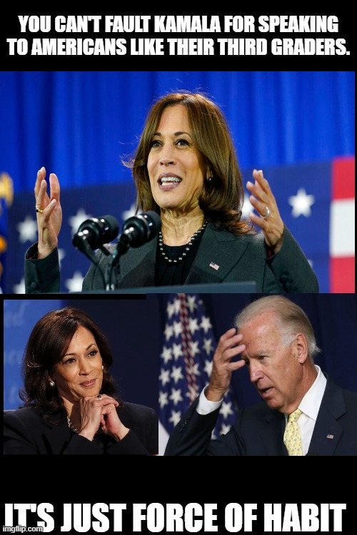 Kamala | YOU CAN'T FAULT KAMALA FOR SPEAKING TO AMERICANS LIKE THEIR THIRD GRADERS. IT'S JUST FORCE OF HABIT | image tagged in memes,kamala | made w/ Imgflip meme maker