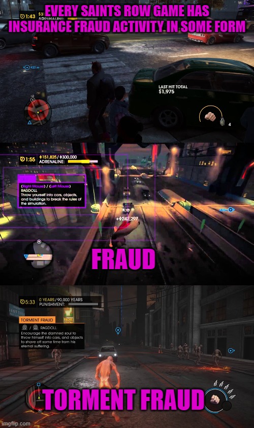 EVERY SAINTS ROW GAME HAS INSURANCE FRAUD ACTIVITY IN SOME FORM; FRAUD; TORMENT FRAUD | image tagged in saints row,insurance fraud,get hit by cars | made w/ Imgflip meme maker