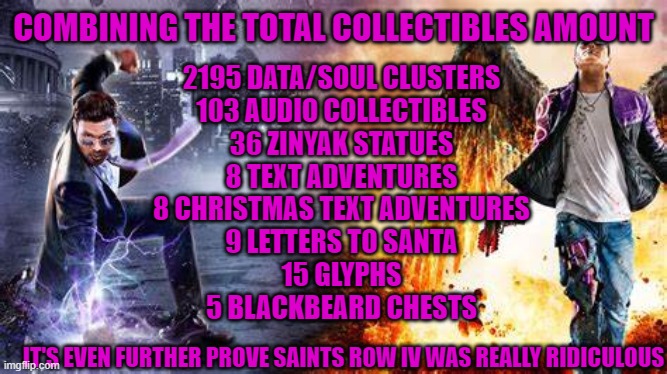 COMBINING THE TOTAL COLLECTIBLES AMOUNT; 2195 DATA/SOUL CLUSTERS
103 AUDIO COLLECTIBLES
36 ZINYAK STATUES
8 TEXT ADVENTURES
8 CHRISTMAS TEXT ADVENTURES
9 LETTERS TO SANTA
15 GLYPHS
5 BLACKBEARD CHESTS; IT'S EVEN FURTHER PROVE SAINTS ROW IV WAS REALLY RIDICULOUS | image tagged in saints row,collectibles,insanity,great scott | made w/ Imgflip meme maker