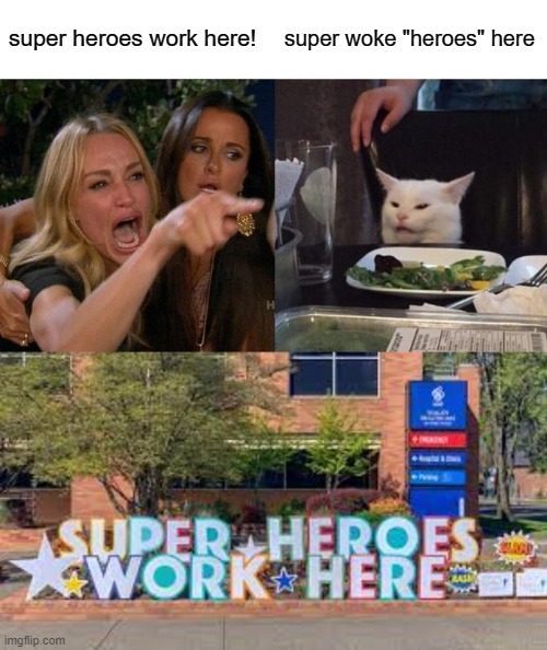 did hospitals put up these signs in past plagues? | super heroes work here! super woke "heroes" here | image tagged in memes,woman yelling at cat | made w/ Imgflip meme maker