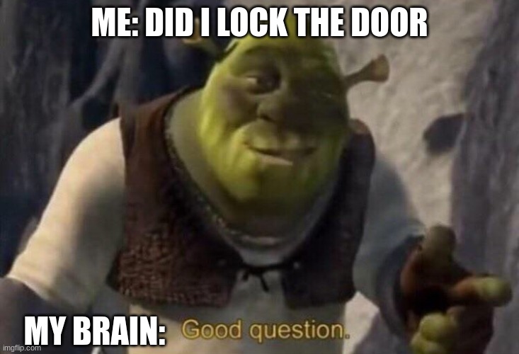 Did I lock the door? | ME: DID I LOCK THE DOOR; MY BRAIN: | image tagged in shrek good question | made w/ Imgflip meme maker