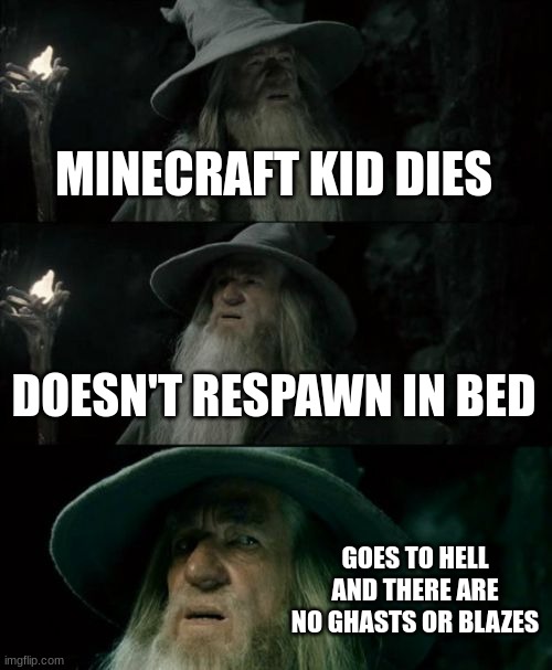 L | MINECRAFT KID DIES; DOESN'T RESPAWN IN BED; GOES TO HELL AND THERE ARE NO GHASTS OR BLAZES | image tagged in memes,confused gandalf,funny,the hobbit,funny memes,dark humor | made w/ Imgflip meme maker