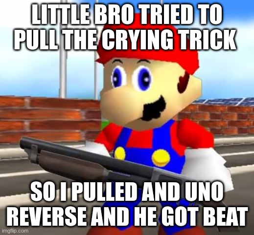e | LITTLE BRO TRIED TO PULL THE CRYING TRICK; SO I PULLED AND UNO REVERSE AND HE GOT BEAT | image tagged in smg4 shotgun mario | made w/ Imgflip meme maker