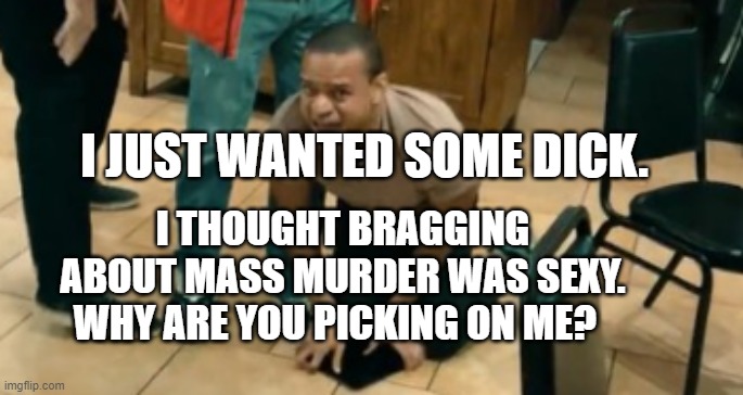 Pfizer meltdown | I JUST WANTED SOME DICK. I THOUGHT BRAGGING ABOUT MASS MURDER WAS SEXY. WHY ARE YOU PICKING ON ME? | image tagged in pfizer meltdown | made w/ Imgflip meme maker