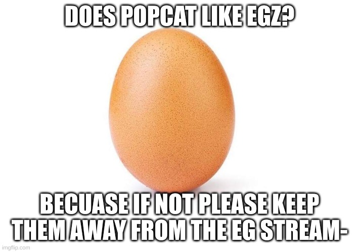 please, an eg already broke we dont need more to break | DOES POPCAT LIKE EGZ? BECUASE IF NOT PLEASE KEEP THEM AWAY FROM THE EG STREAM- | image tagged in eggbert,eg,popcat | made w/ Imgflip meme maker