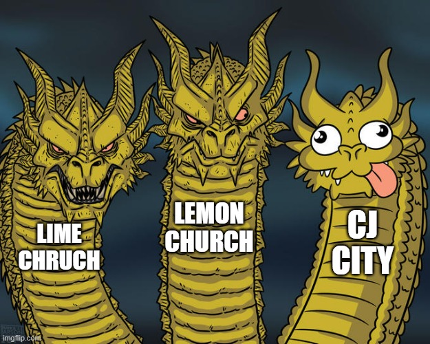 Three-headed Dragon | LEMON CHURCH; CJ CITY; LIME CHRUCH | image tagged in three-headed dragon,MinecraftChampionship | made w/ Imgflip meme maker
