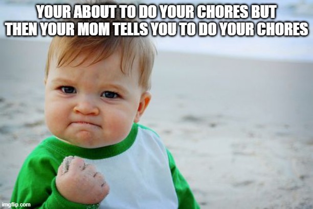 Hate when this happens | YOUR ABOUT TO DO YOUR CHORES BUT THEN YOUR MOM TELLS YOU TO DO YOUR CHORES | image tagged in memes,success kid original,funny,meme,funny meme | made w/ Imgflip meme maker