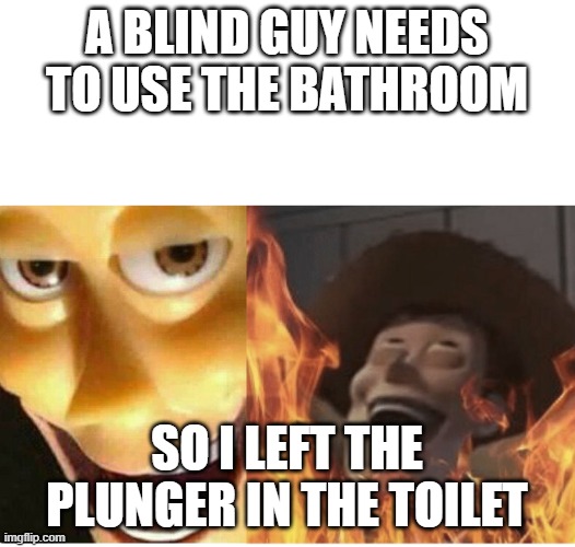 Fire Woody | A BLIND GUY NEEDS TO USE THE BATHROOM; SO I LEFT THE PLUNGER IN THE TOILET | image tagged in fire woody | made w/ Imgflip meme maker
