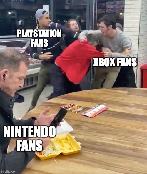 Fighting | PLAYSTATION FANS; XBOX FANS; NINTENDO FANS | image tagged in fighting | made w/ Imgflip meme maker