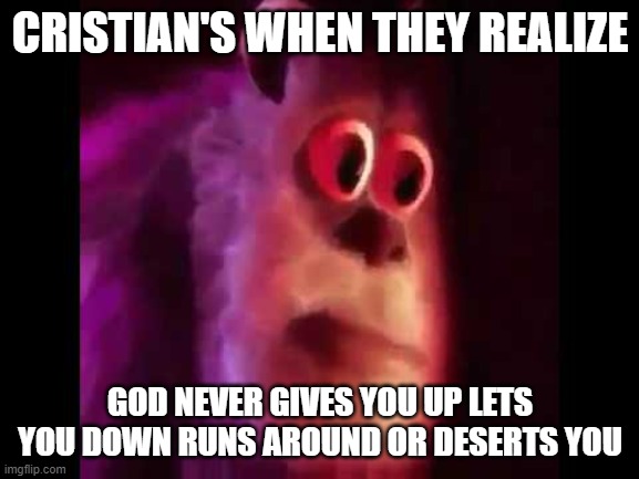Sully Groan | CRISTIAN'S WHEN THEY REALIZE; GOD NEVER GIVES YOU UP LETS YOU DOWN RUNS AROUND OR DESERTS YOU | image tagged in sully groan | made w/ Imgflip meme maker
